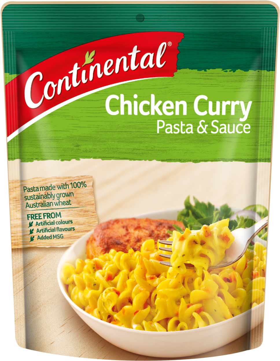 大陸雞咖喱意麵包裝 壁紙 — 一包充滿活力的 Continental Chicken Curry Pasta & Sauce，包含一碗黃色意粉配咖喱醬和一件雞肉。