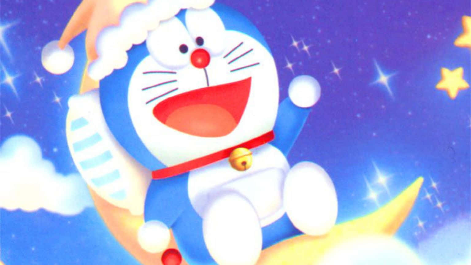 多啦A夢在星空的彎月上漂浮時微笑。
