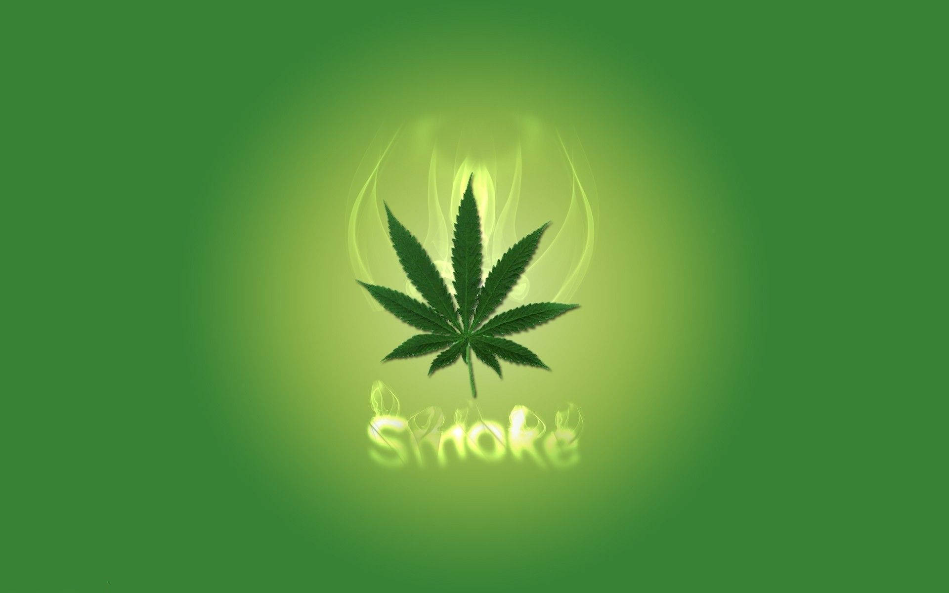 發光的大麻葉，帶有煙霧和霓虹綠色文字「smoke」，背景為綠色漸變。