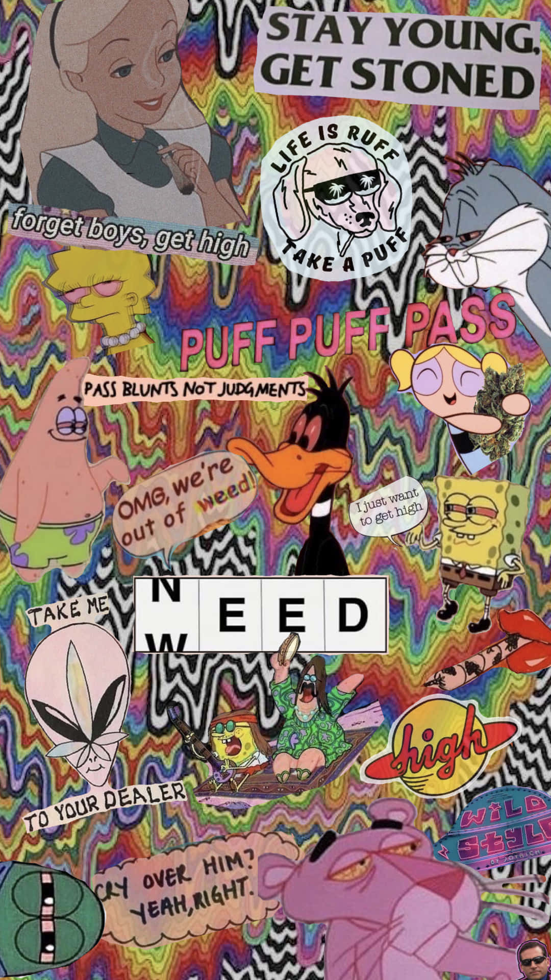 卡通人物在迷幻拼貼畫中推廣大麻文化。
