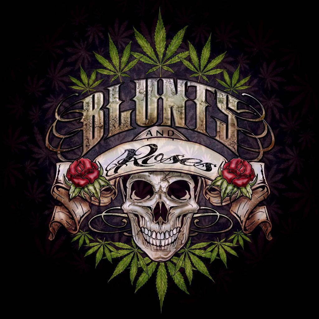 戴帽子的骷髏頭，被大麻葉包圍的blunts and roses文字。
