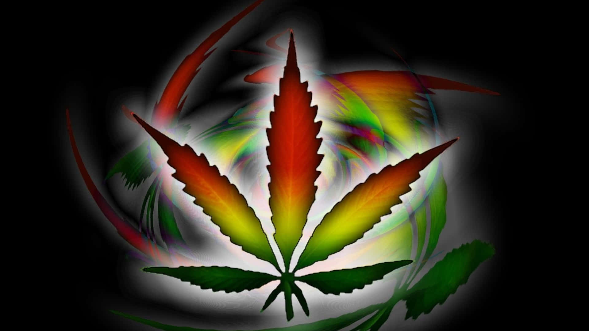 在黑暗背景上帶有旋轉能量軌跡的發光彩虹大麻葉。