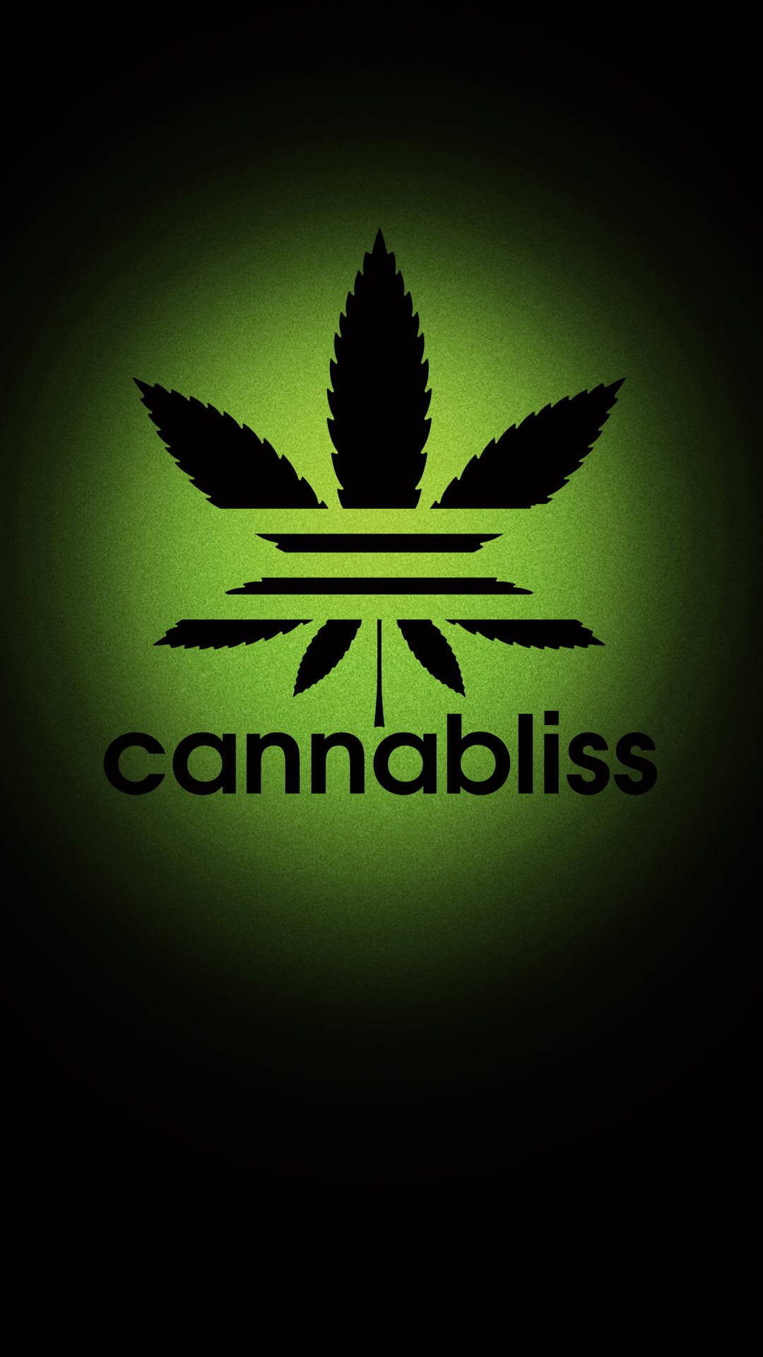 黑色大麻葉標誌，帶有文字，背景為綠色發光。