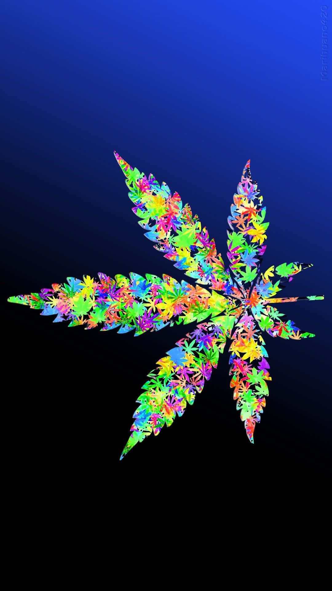 一個色彩繽紛的抽象大麻葉，由小葉組成，背景為深藍色漸變。