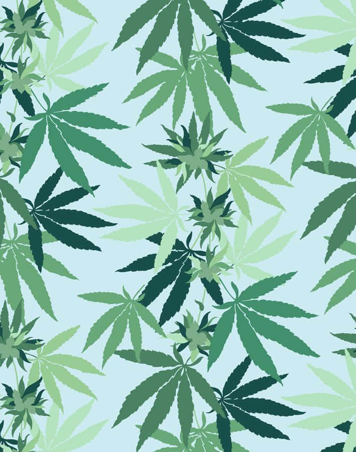 藍色背景上重複的綠色大麻葉圖案