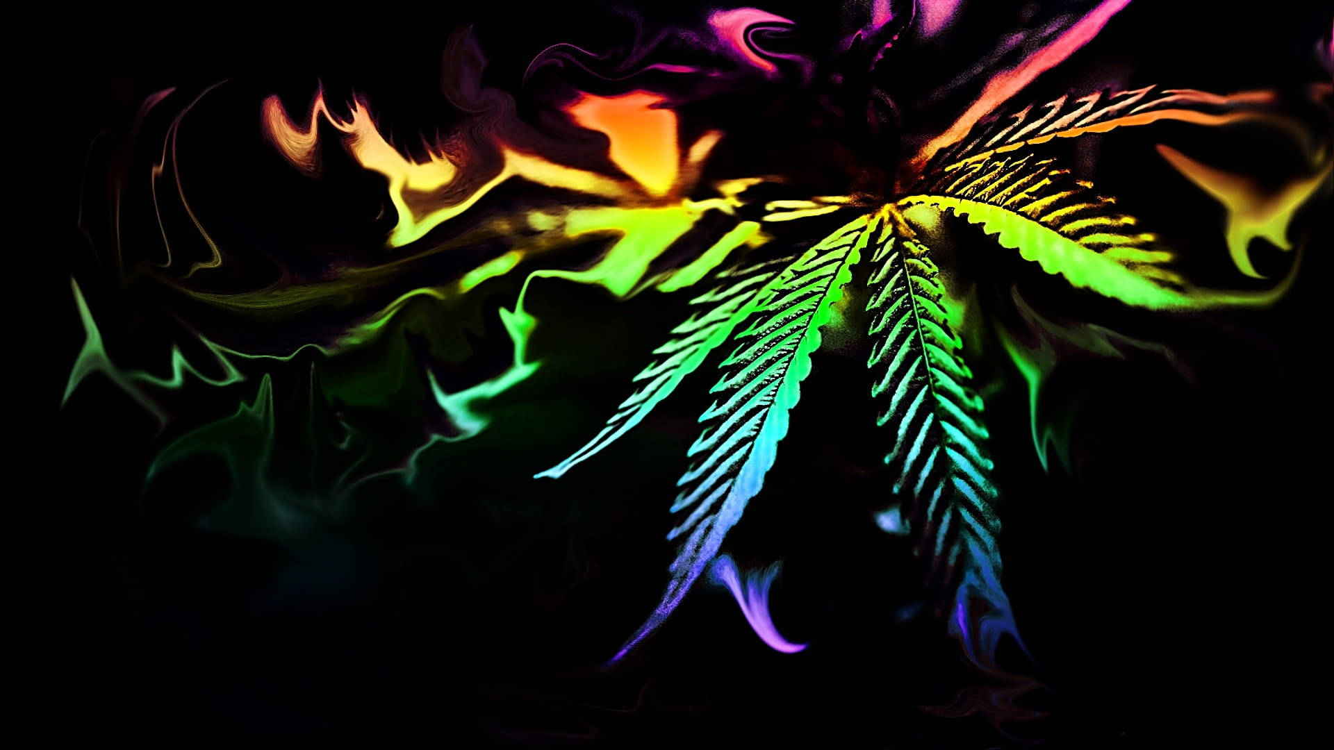 霓虹大麻葉在黑暗旋轉背景上發出彩虹色光芒。