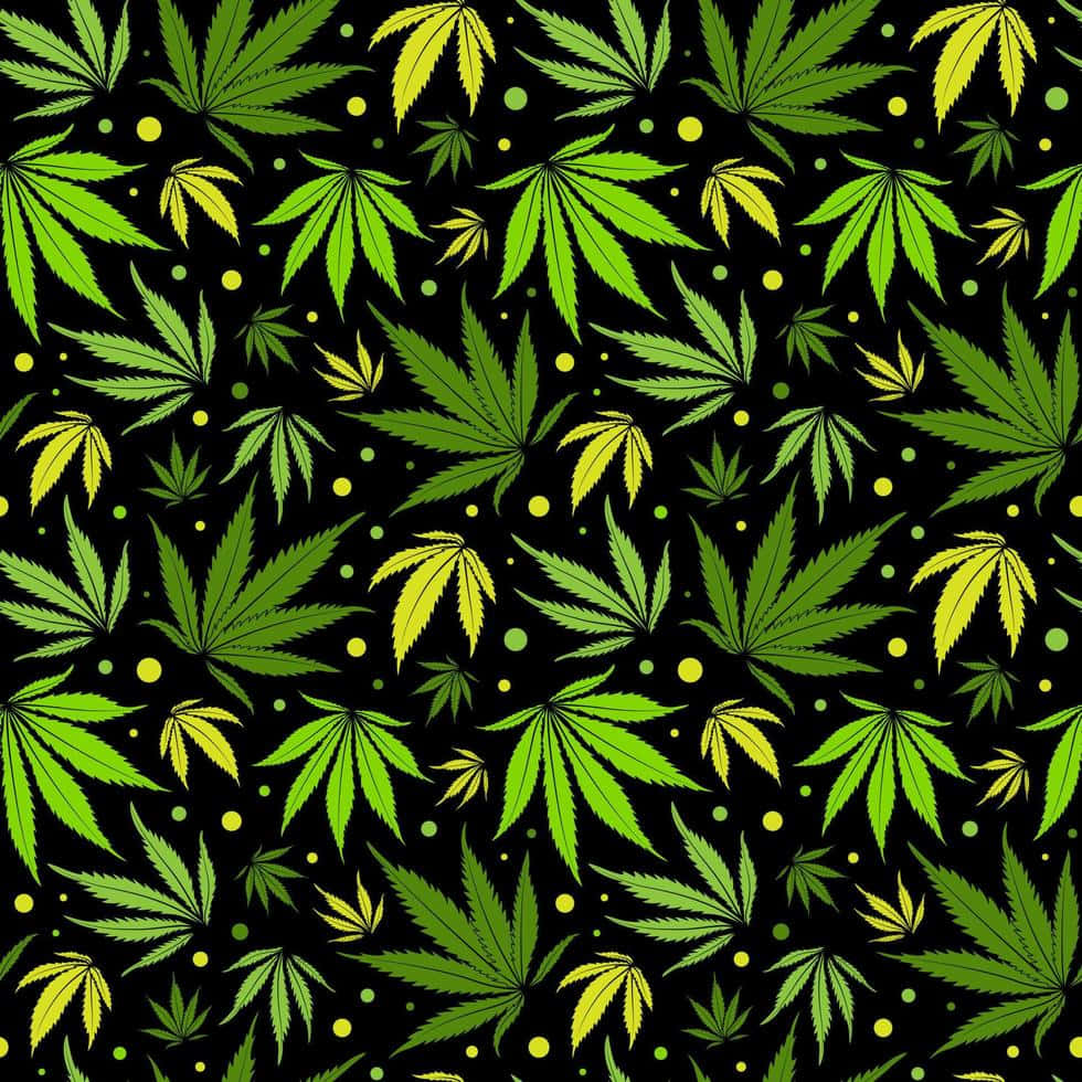 黑色背景上綠色大麻葉和黃色圓點的圖案。