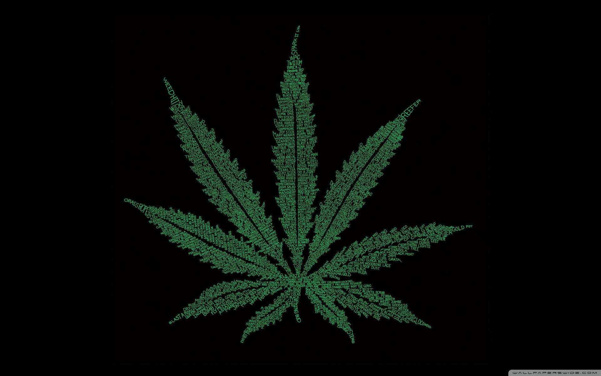 黑色背景上由文字組成的綠色大麻葉