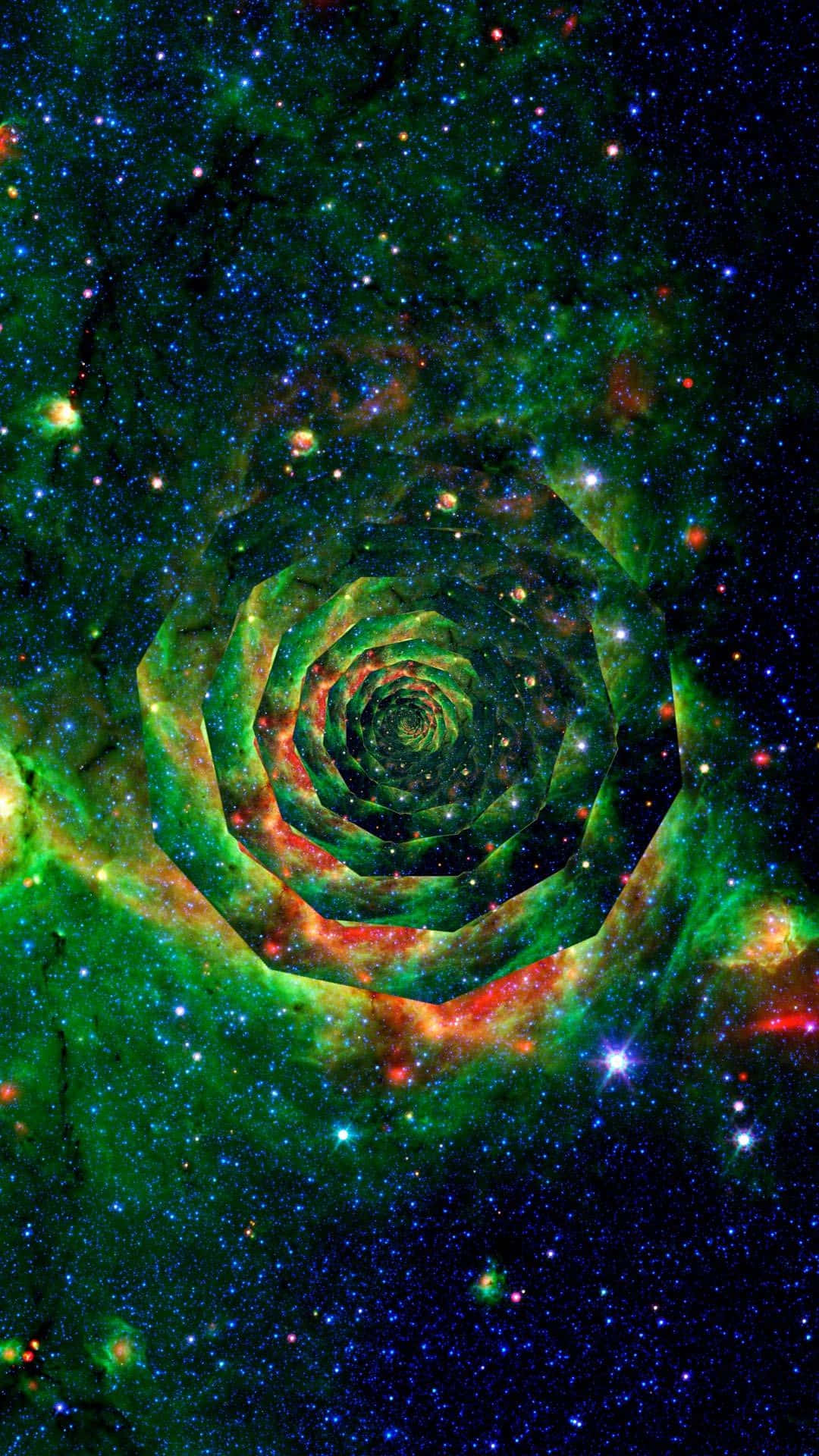 螺旋星系，綠色和紅色星雲在星群中閃耀