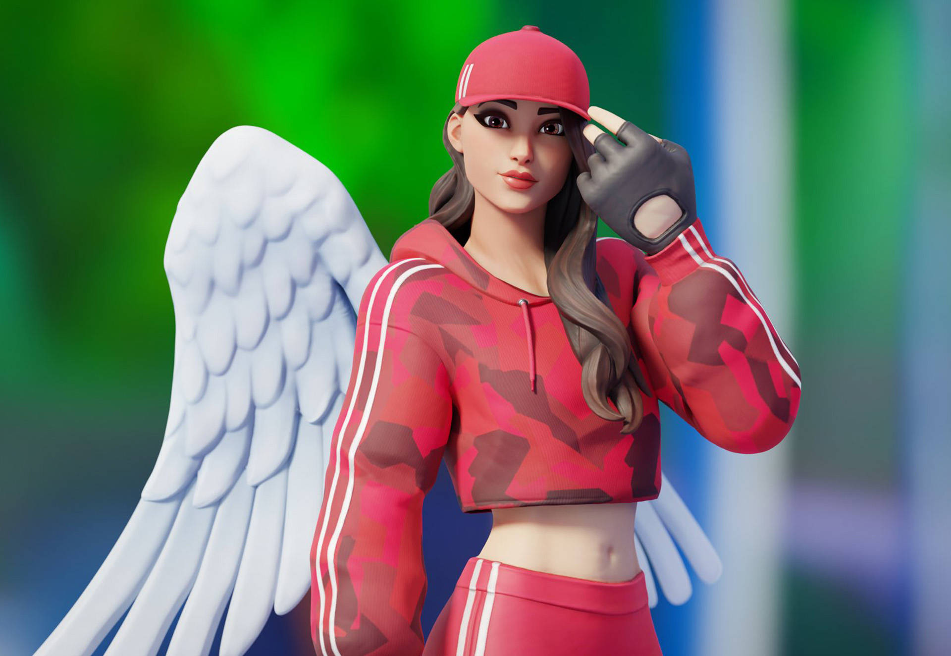 天使 Ruby《Fortnite》皮膚 壁紙 — 一個風格化的女性角色，擁有白色天使翅膀，穿著紅色迷彩連帽衫和帽子，在充滿活力的綠色和藍色模糊背景前調整手套。