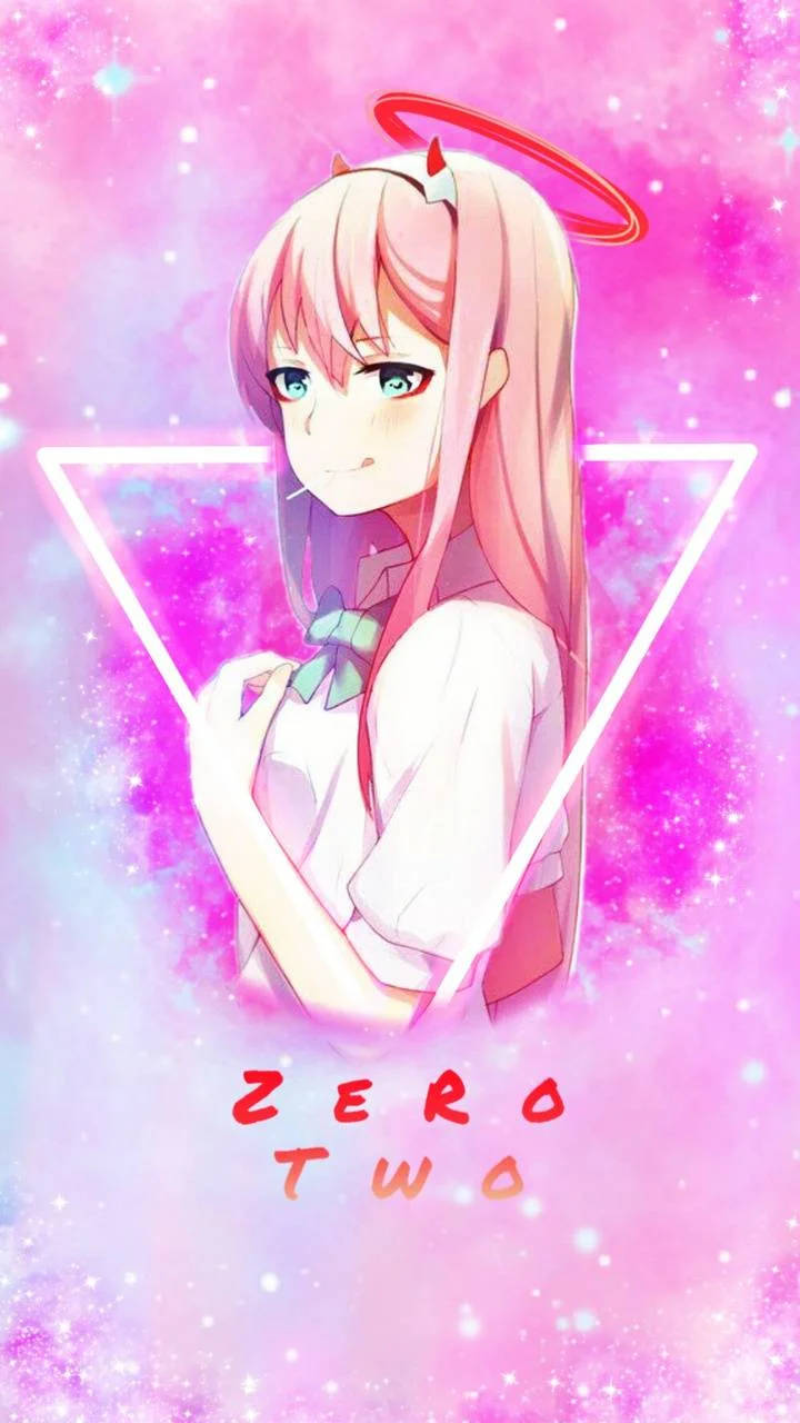 動漫角色Zero Two，粉紅頭髮和光環，處於發光的宇宙場景中。