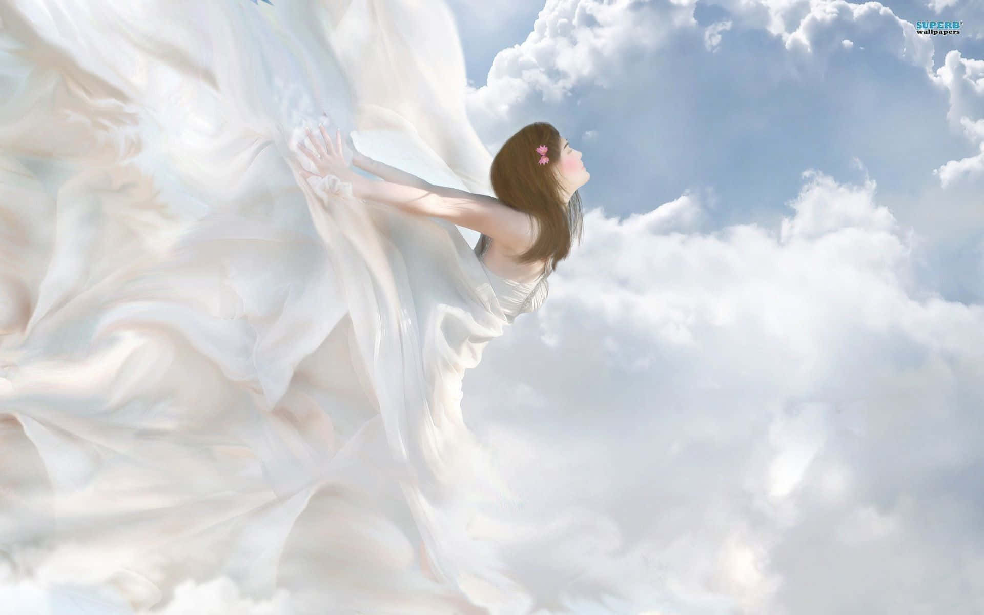 穿白裙的女性漂浮在雲間