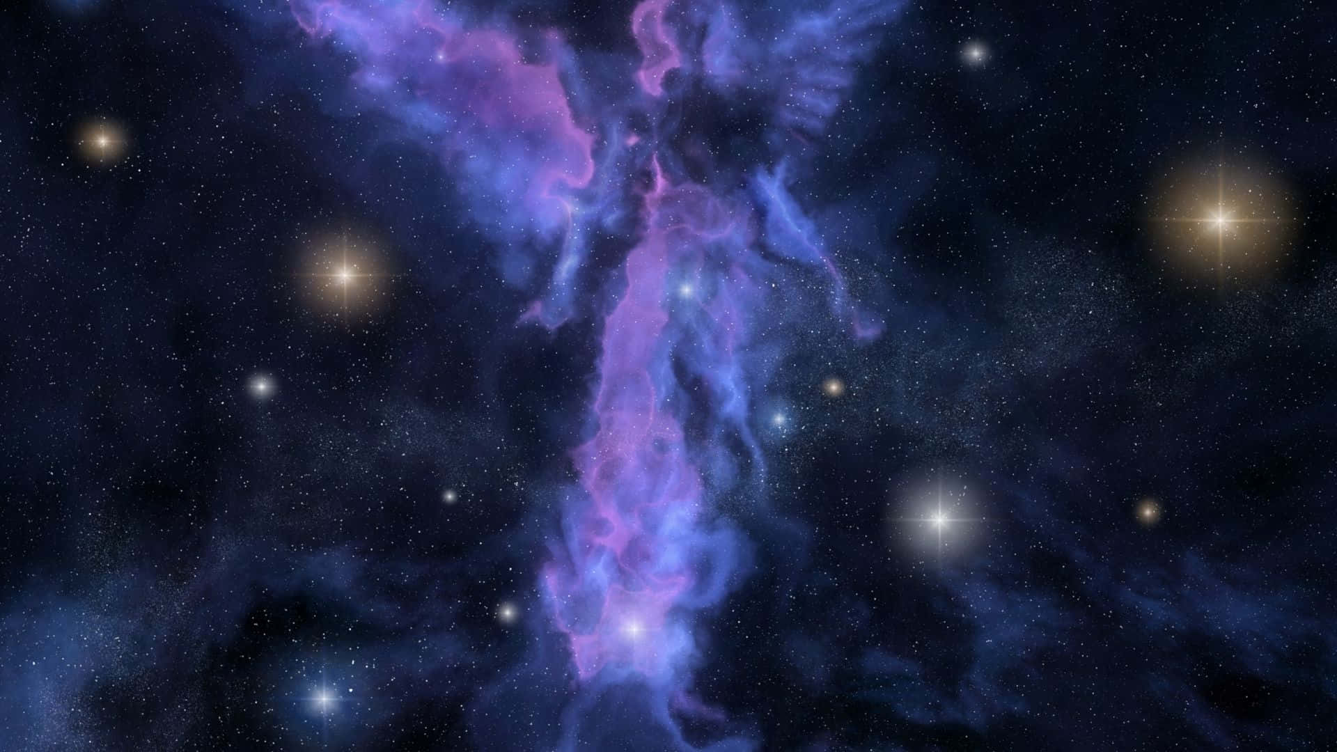 充滿活力的紫色和藍色星雲，在深空中閃爍著星星。