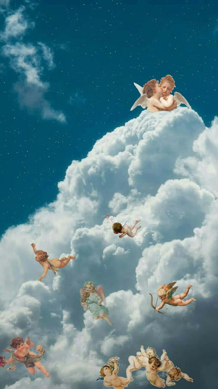 有翅膀的小天使在星空藍天中，在蓬鬆的雲朵間翻滾和漂浮。