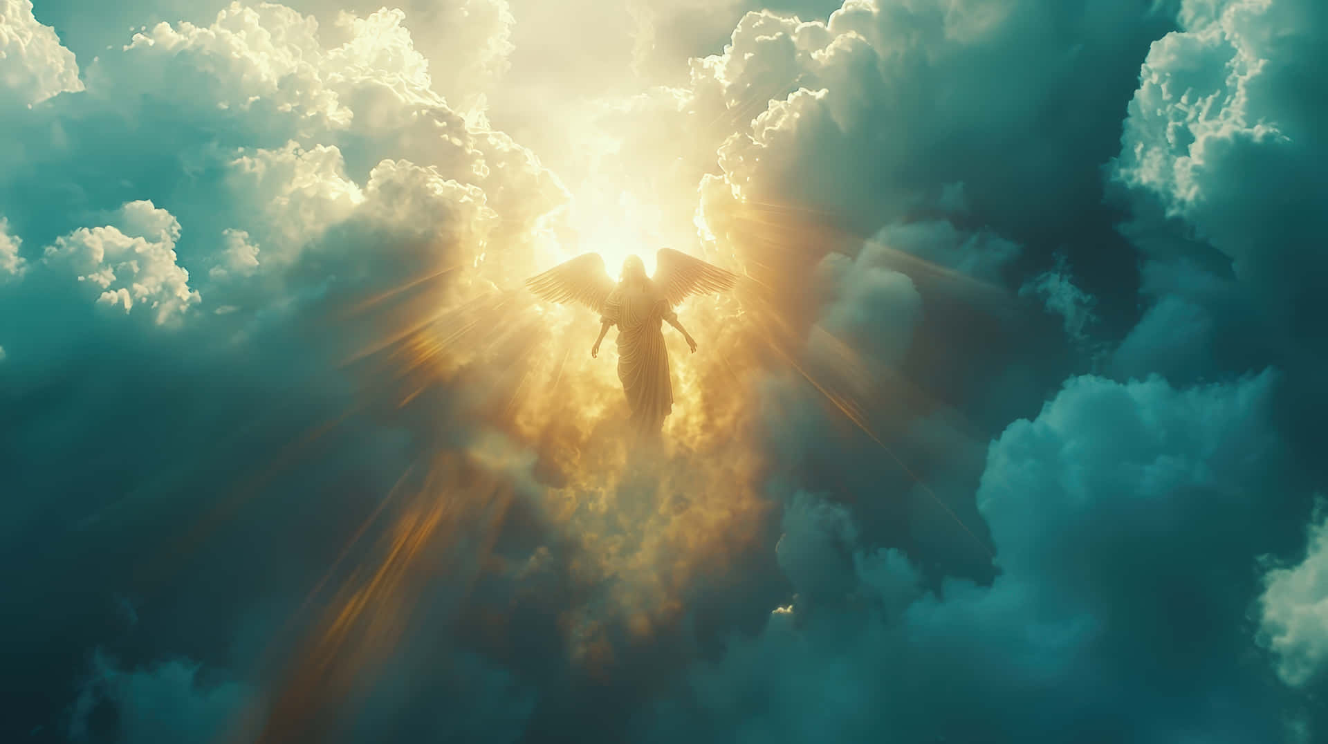 一位發光的天使帶著翅膀飛過雲層，背後有陽光照射。