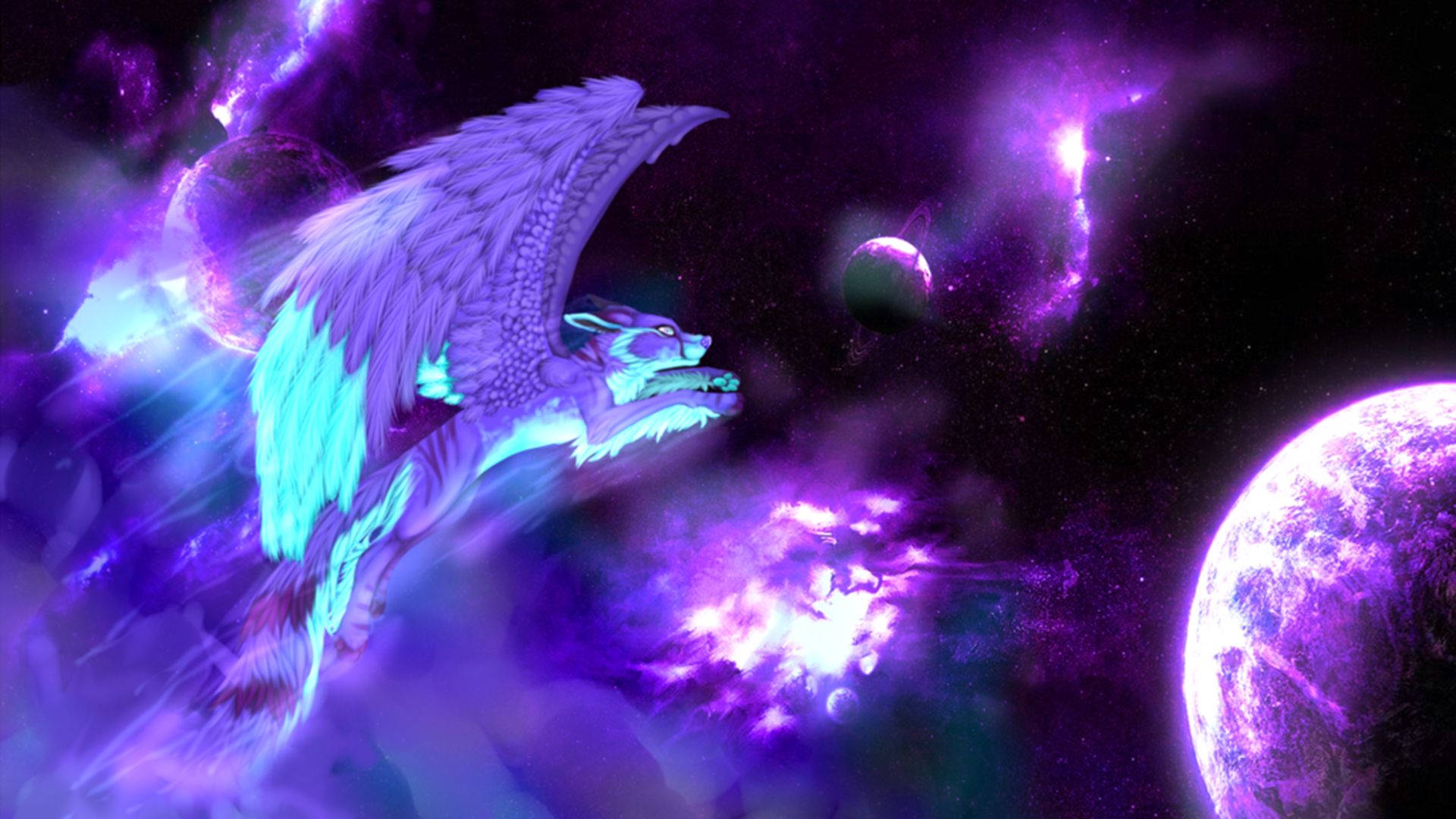 天使狗飛行於可愛星系 壁紙 — 一隻雄偉的有翼狼在充滿發光行星和宇宙能量軌跡的鮮豔紫色星雲中翱翔。