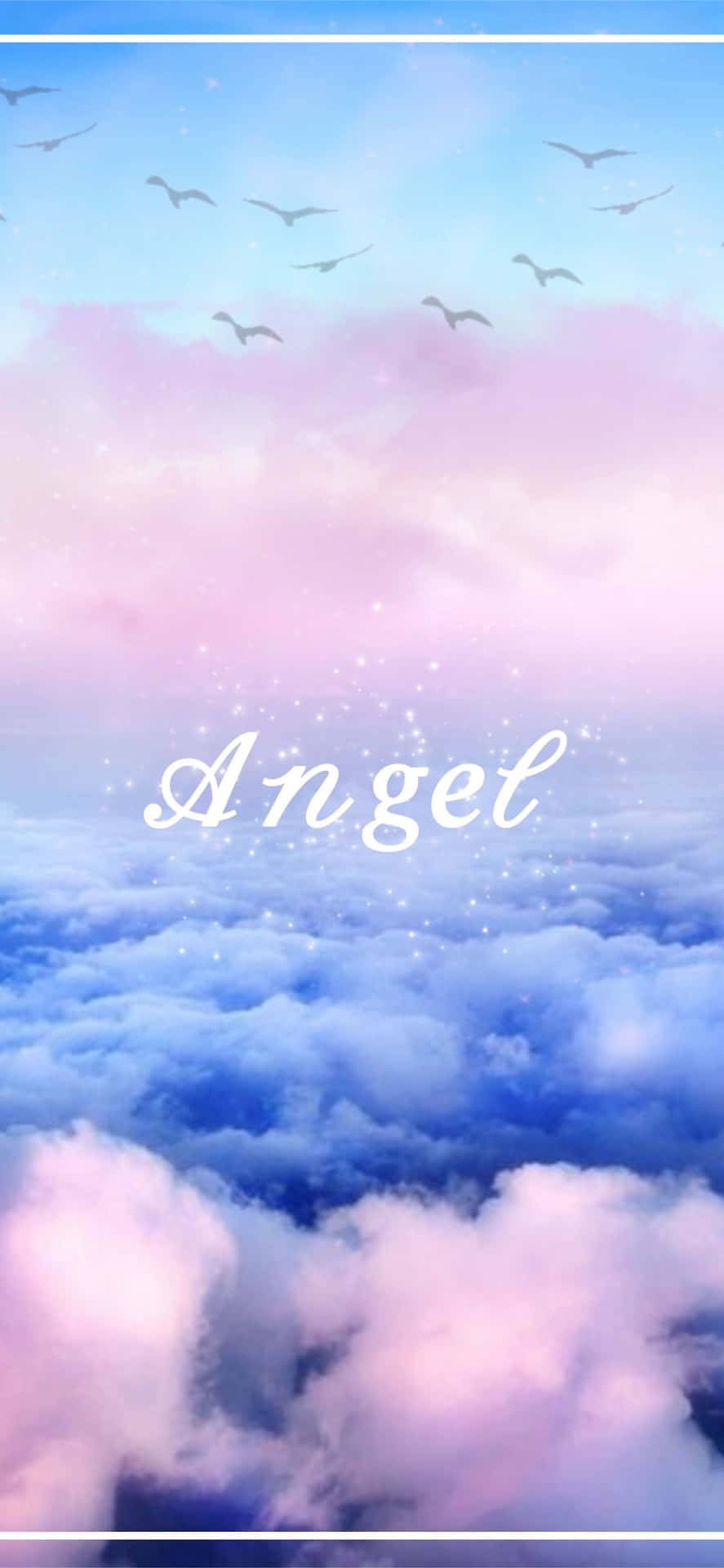 粉紅色和藍色的雲朵，鳥兒在白色閃爍的 angel 字樣上方飛翔。