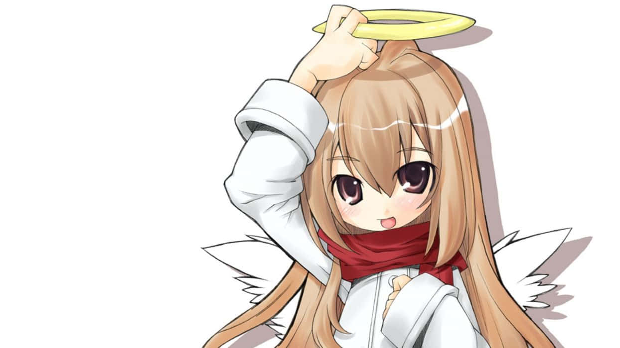 棕色頭髮、戴紅色圍巾的動漫天使女孩，頭頂上方舉著黃色光環。