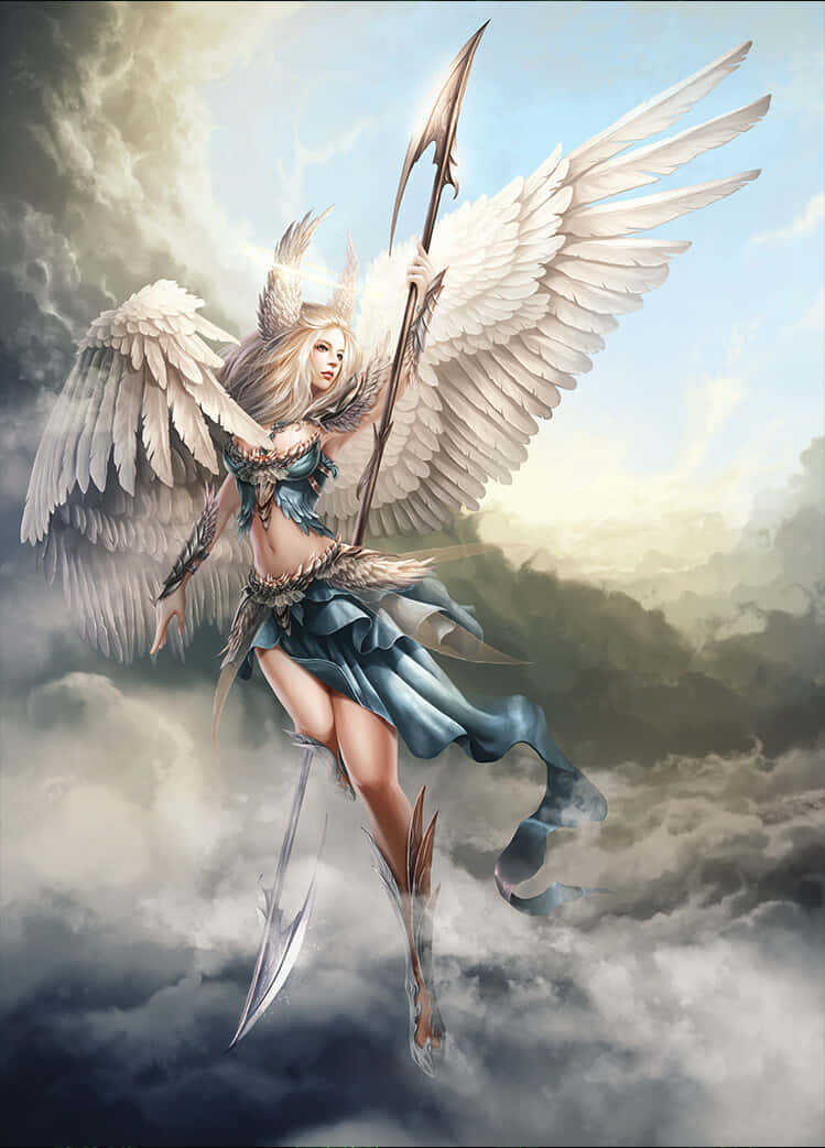 一位帶翼戰士女神飛過暴風雲，手持長矛和劍。