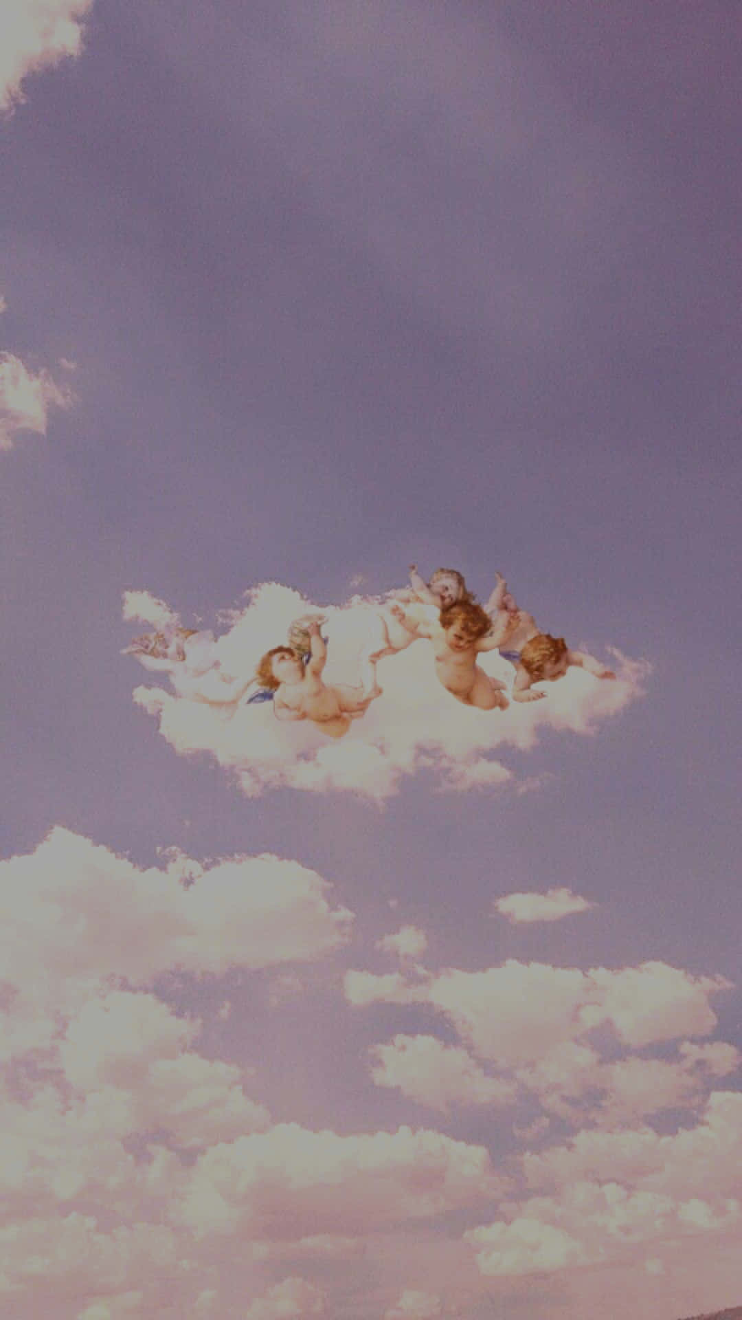 四個小天使在粉彩天空的雲朵上快樂玩耍。