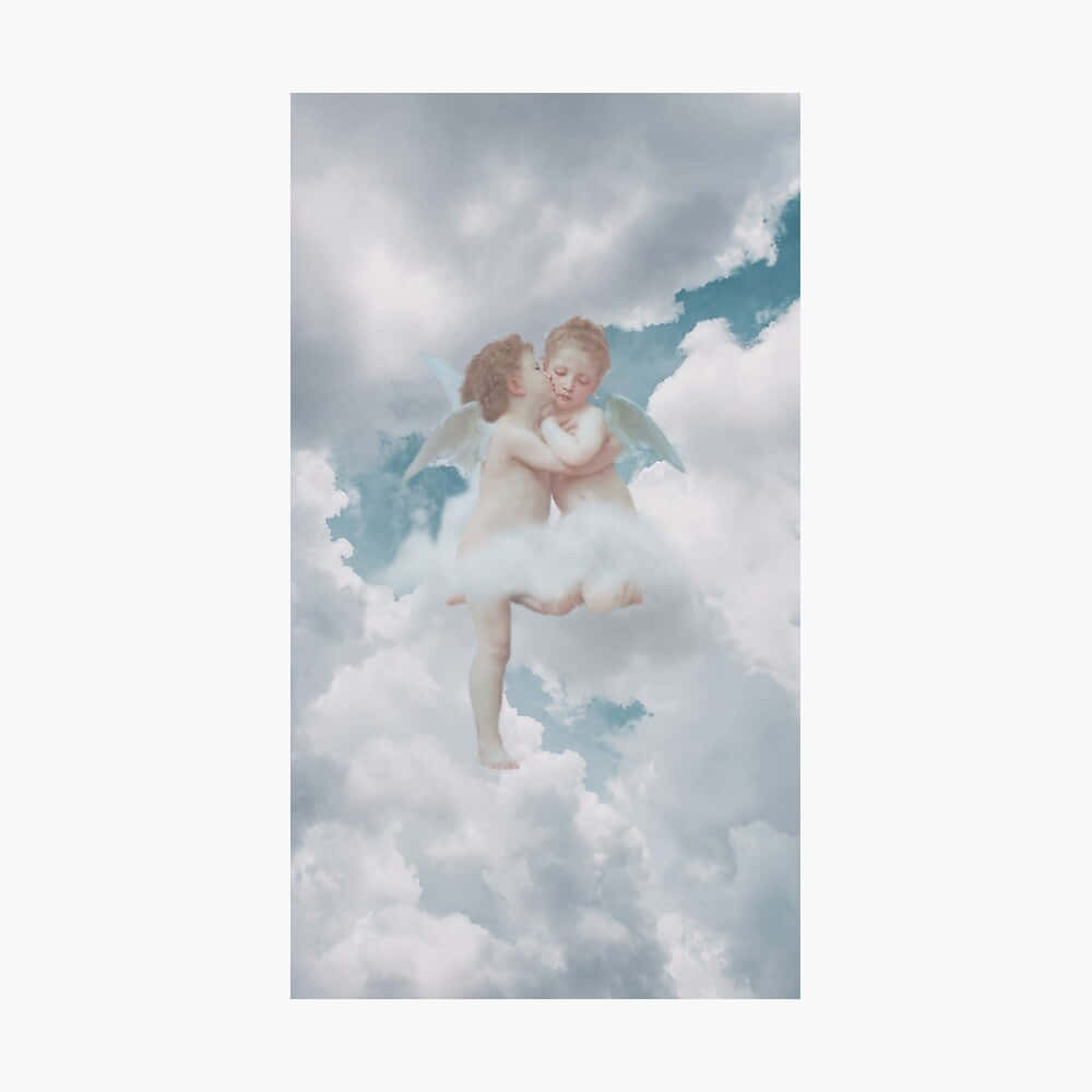 兩個小天使在陰天天空下的雲朵上漂浮親吻。