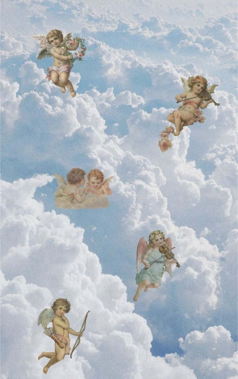 五個有翅膀的小天使飛過 fluffy 白色雲朵，手持花朵、弓和小提琴。