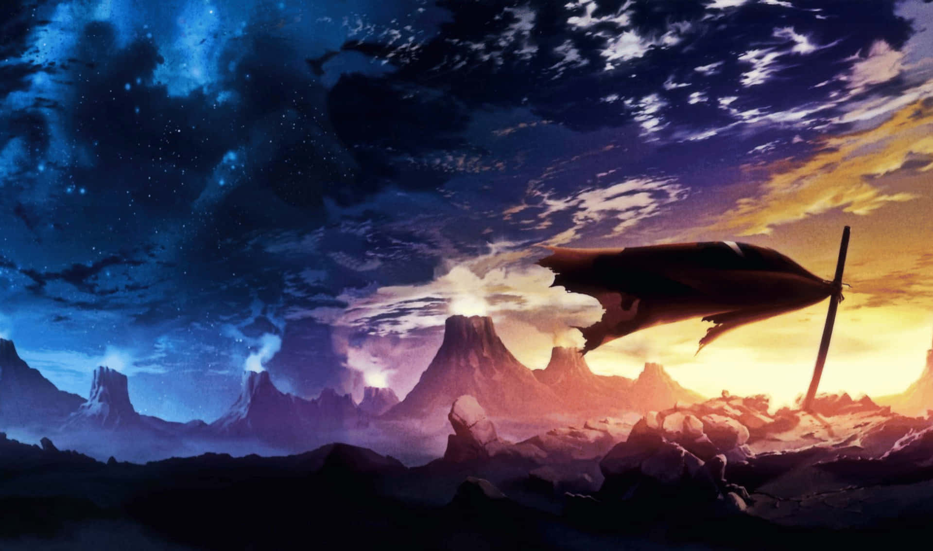 《天元突破》2440x1440監視器背景 壁紙 — 一根孤獨的斷旗杆，掛著破爛的旗幟，矗立在日落時分的岩石沙漠中，背景是星光燦爛的暮色天空。