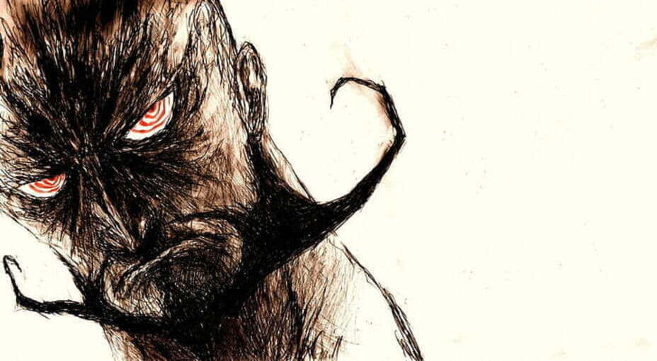 《天元突破》中的螺旋王——神性之主 壁紙 — 一個帶有發光紅色螺旋眼睛和扭曲角的威脅性深色皮膚生物，在純白背景下強烈凝視。