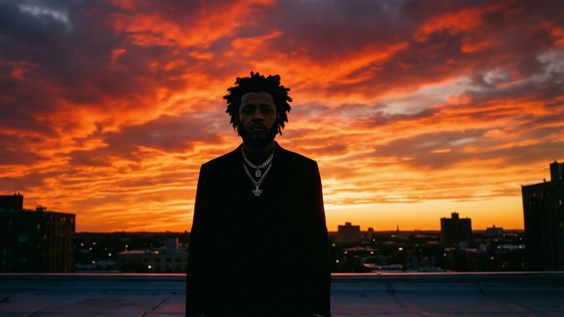 The Weeknd 在天台上的剪影，背景是橙紅色的日落天空。