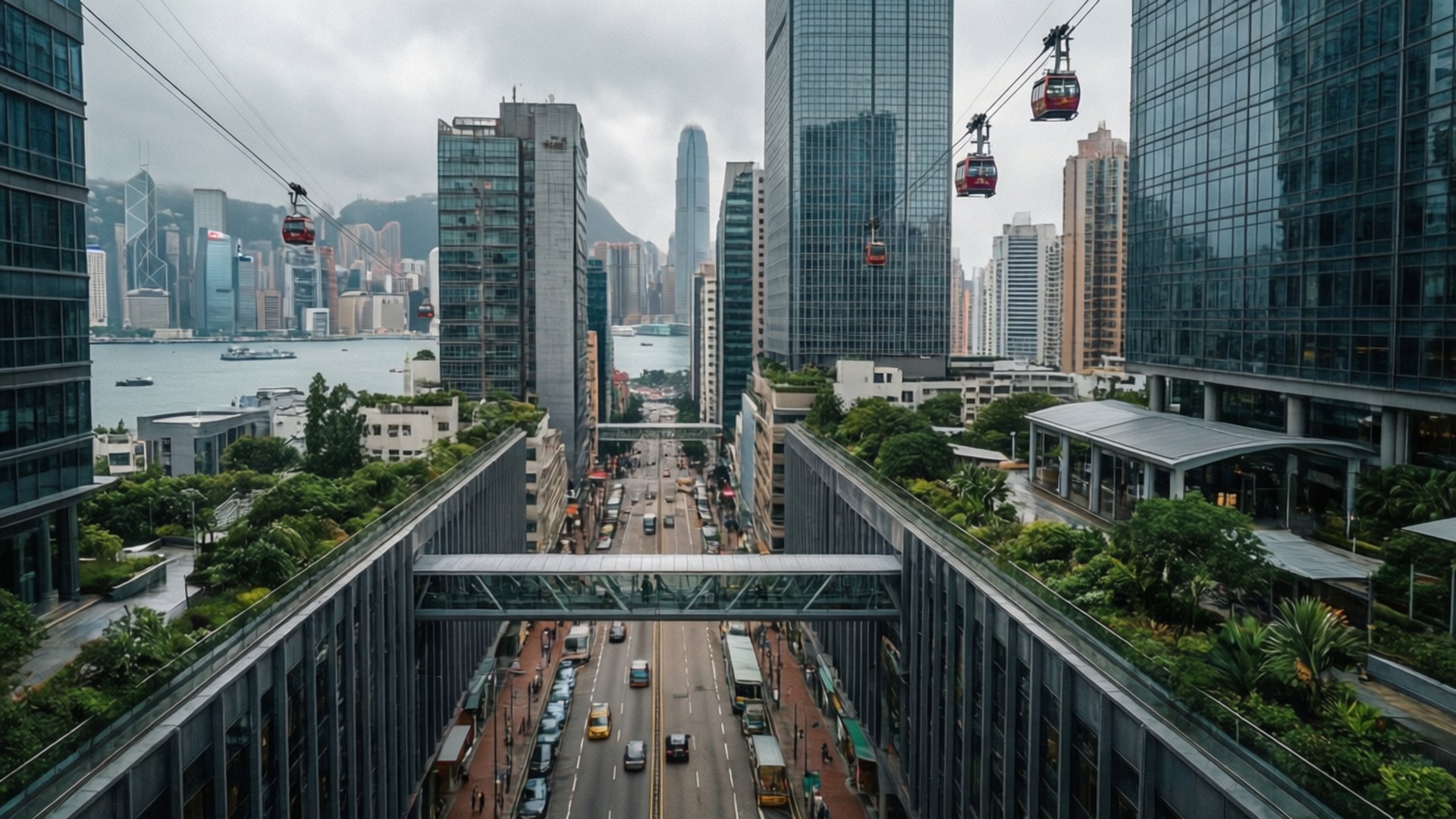 香港城市景觀，纜車和繁忙街道，灰天下
