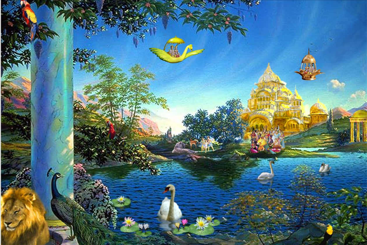 一個神奇的奇幻景觀，金色宮殿、湖泊、天鵝和異國動物在藍天下。