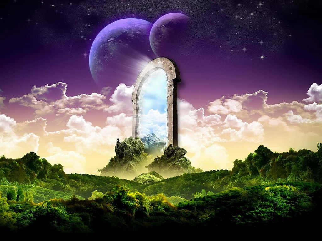 天堂，自然的壯麗之地 壁紙 — 一座石拱門矗立在茂密的綠色田野中，紫色天空下，兩顆發光的月亮和星星揭示出遠處明亮的山區領域。