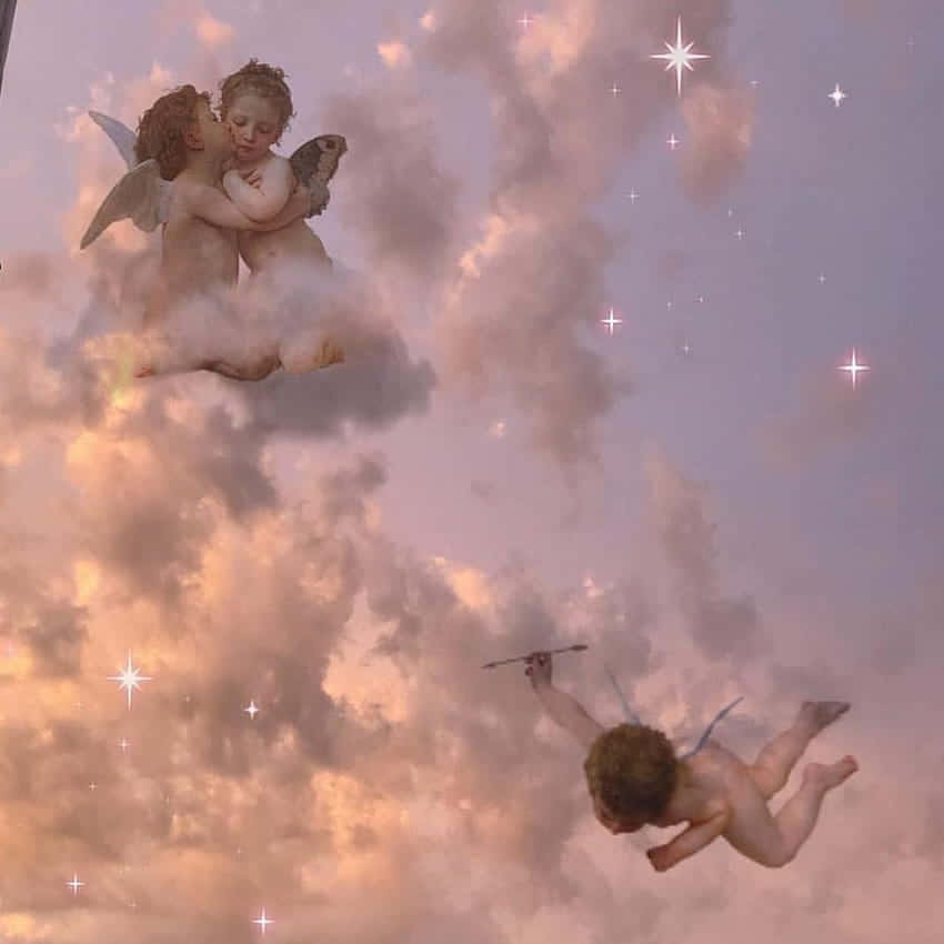 兩個小天使在雲上親吻，另一個拿著畫筆漂浮在星空之中。