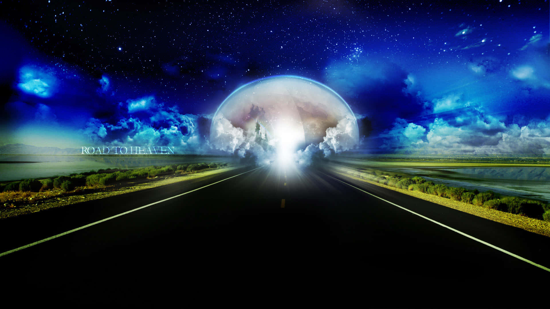 一條通往在星空夜空下發光的天體球體的道路。