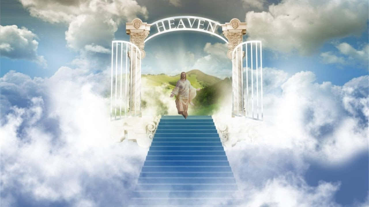 一個人沿著藍色樓梯穿過雲霧，走向標有「HEAVEN」的天堂拱門。