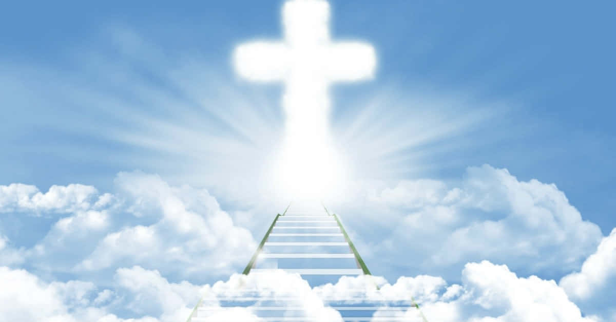 階梯穿過雲層向上延伸，通往天空中發光的十字架。