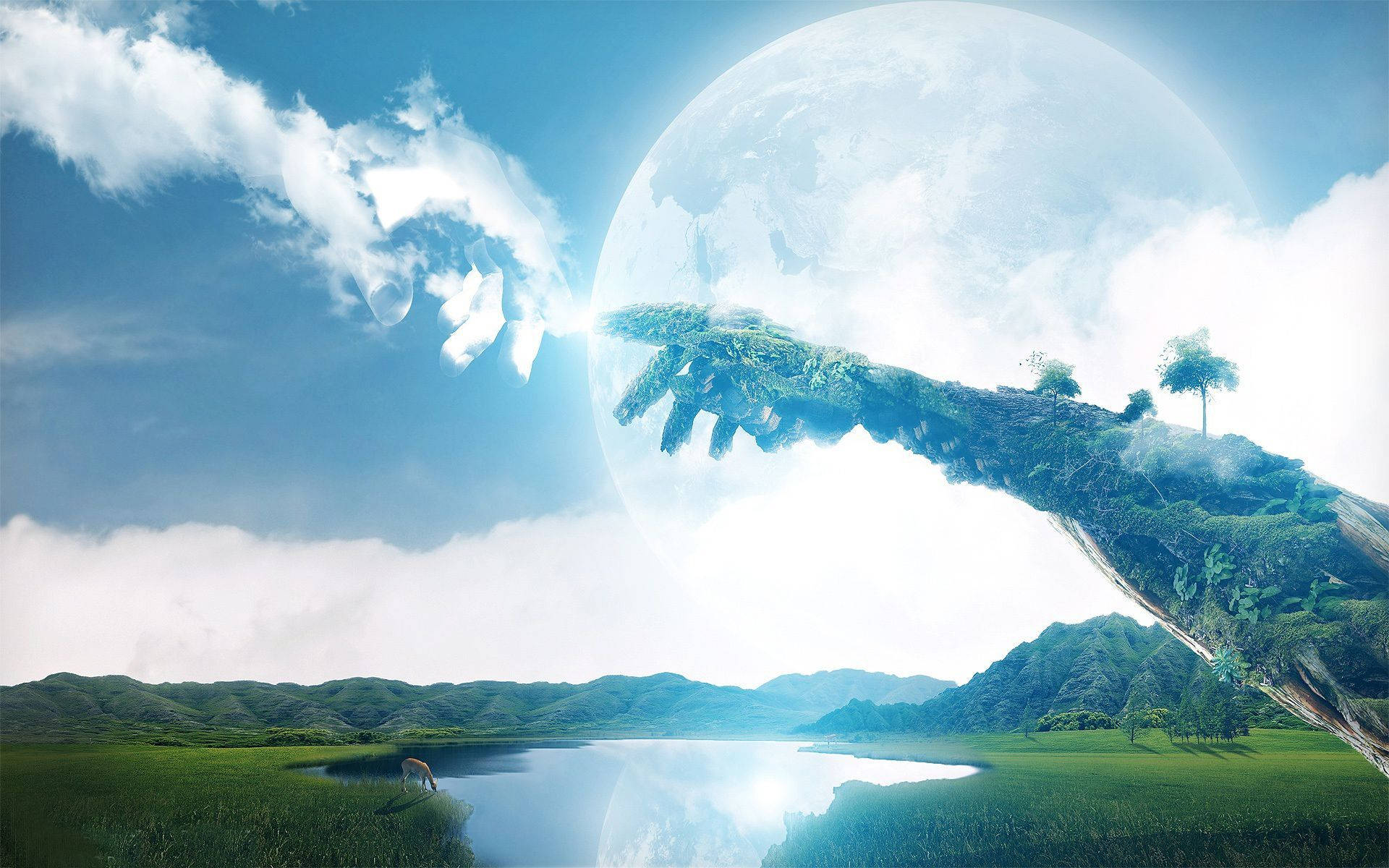 一隻巨手從行星中伸出，托著一個浮島在湖泊上方。