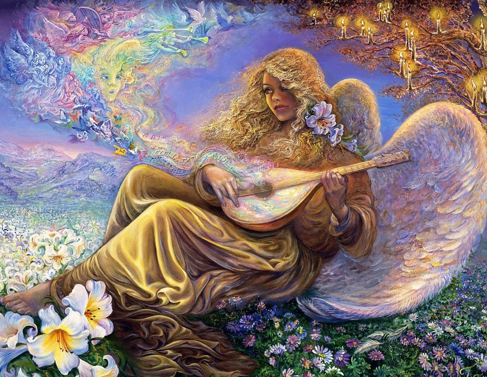 一位擁有巨大翅膀的天使在神奇天空下的花田中彈奏魯特琴。