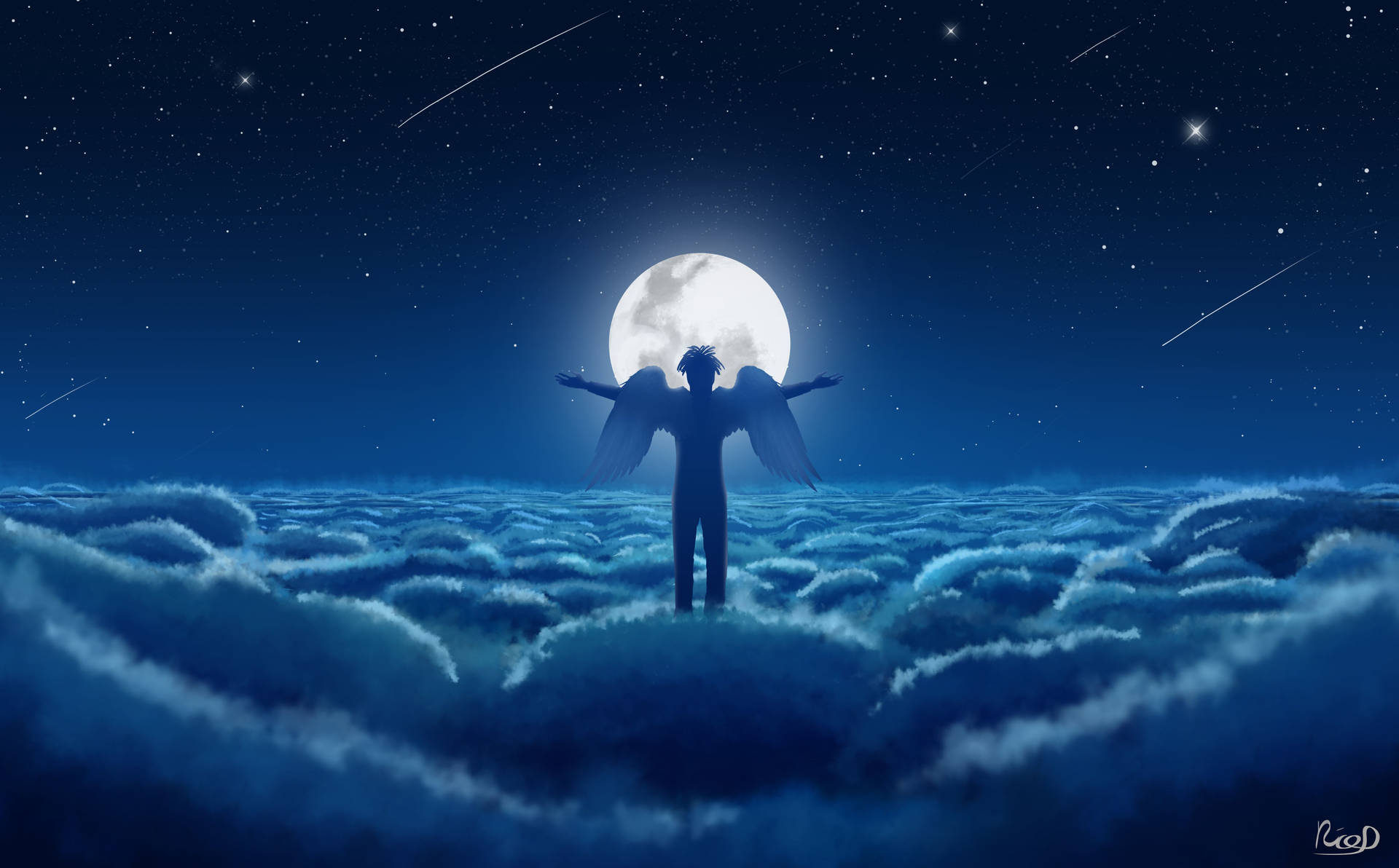 天使張開翅膀站在滿月和流星下的雲層上。