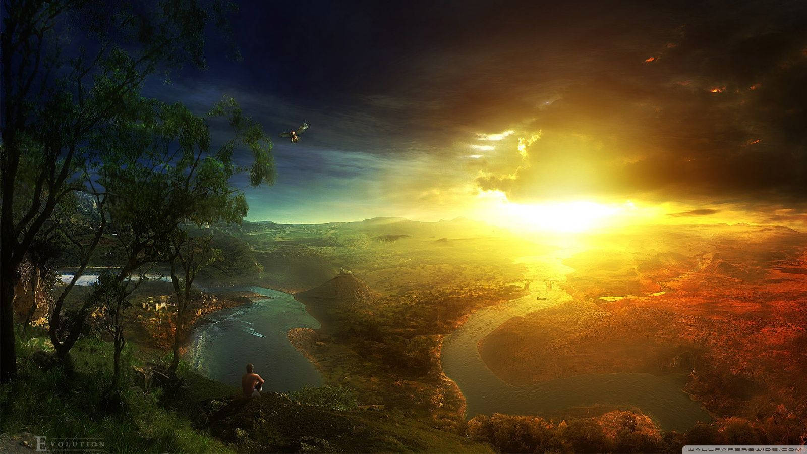 一個人坐在懸崖上，觀看蜿蜒河谷上空 vibrant 的夕陽。