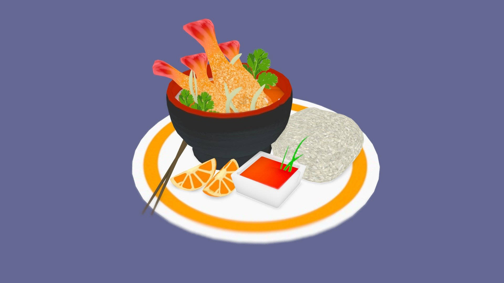 天婦羅美食藝術 壁紙 — 一碗天婦羅蝦配米飯和橙片放在碟上的鮮豔數碼插圖。