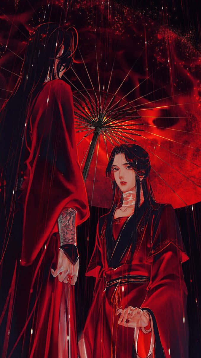 兩個動漫角色身穿紅袍，在雨夜中站在紅傘下。