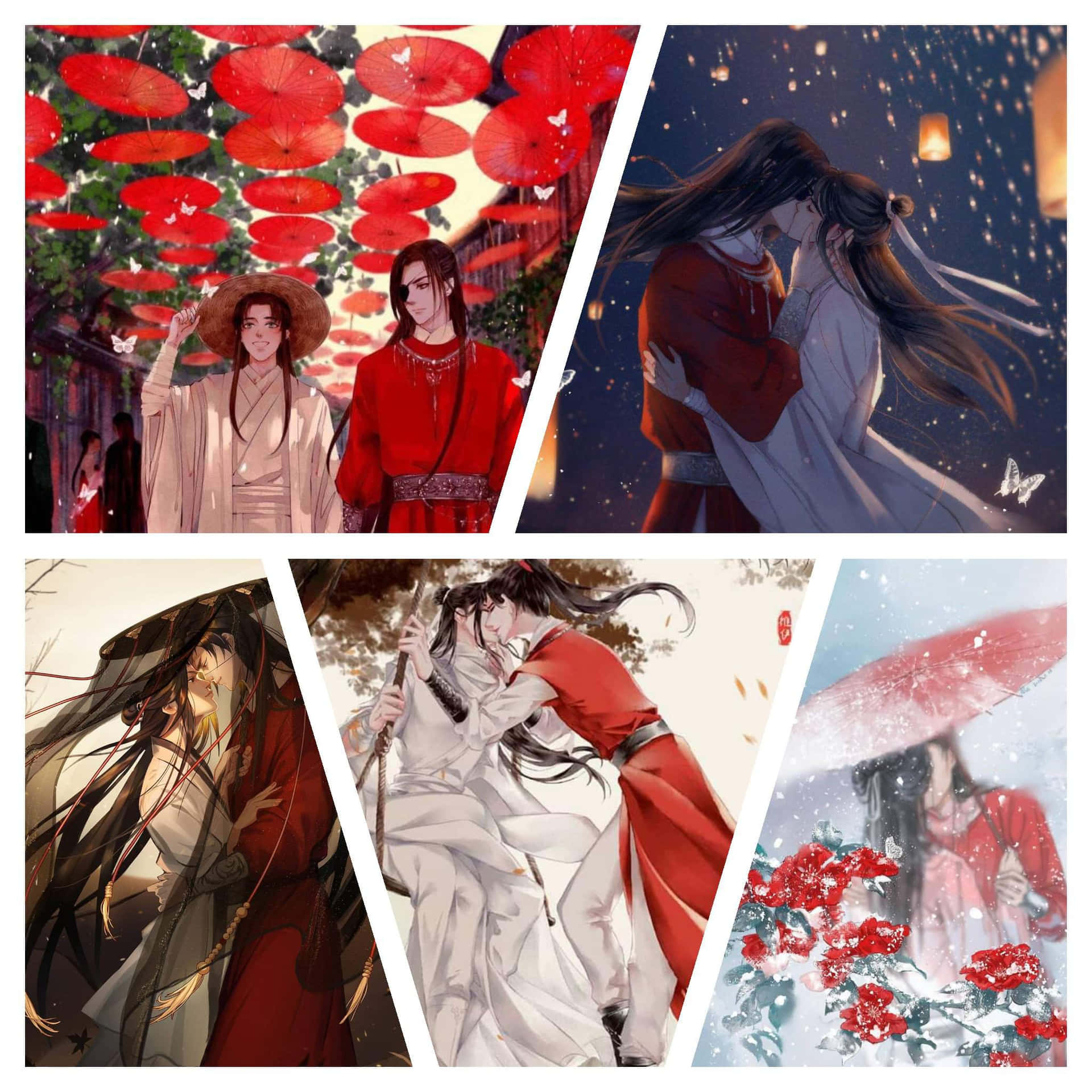 天官賜福 情侶親吻場景拼貼 壁紙 — 五個浪漫動漫場景，情侶穿著傳統紅白長袍，在燈籠或雪下與蝴蝶相伴。
