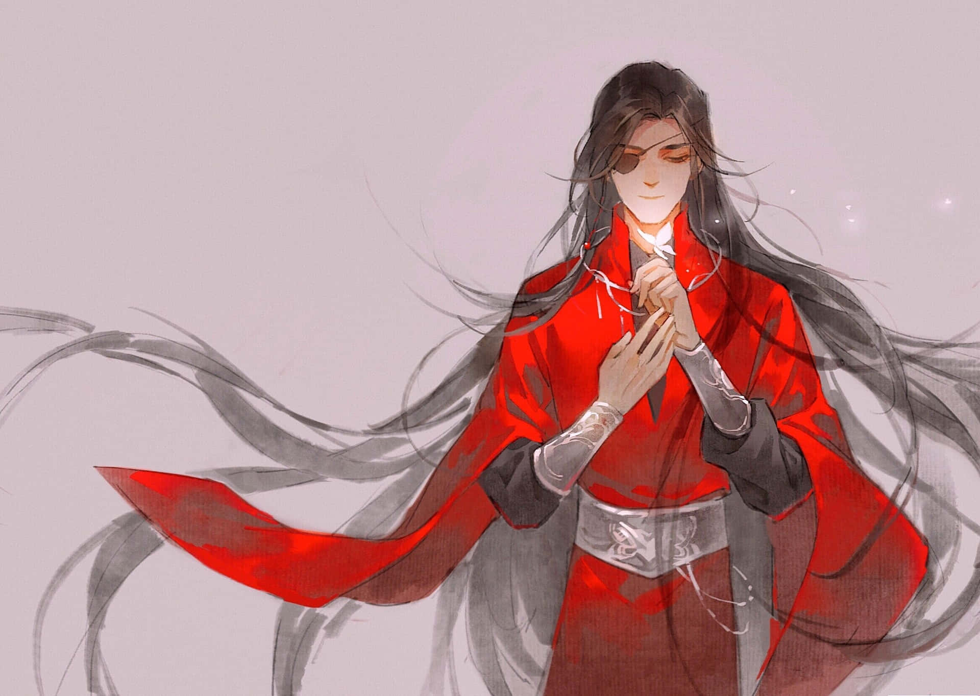 天官賜福 華 Cheng 壁紙 — 一個寧靜的動漫角色，身穿飄逸的紅色長袍，長長的黑髮在風中飄揚，背景是柔和的灰色。