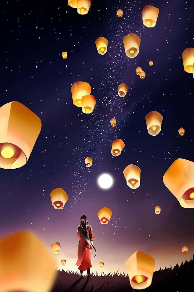 天官賜福：飛昇的天燈 壁紙 — 一個孤獨的紅色身影站在山丘上，將發光的天燈釋放到滿月和星空的夜空中。