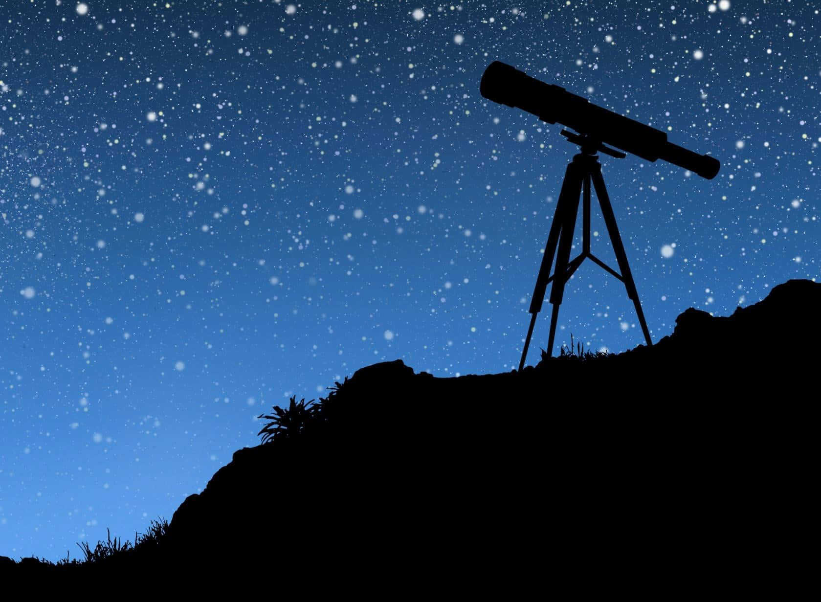 天文望遠鏡剪影夜空 壁紙 — 一個三腳架上的望遠鏡，在黑暗山頂上以星空夜空為背景形成剪影。