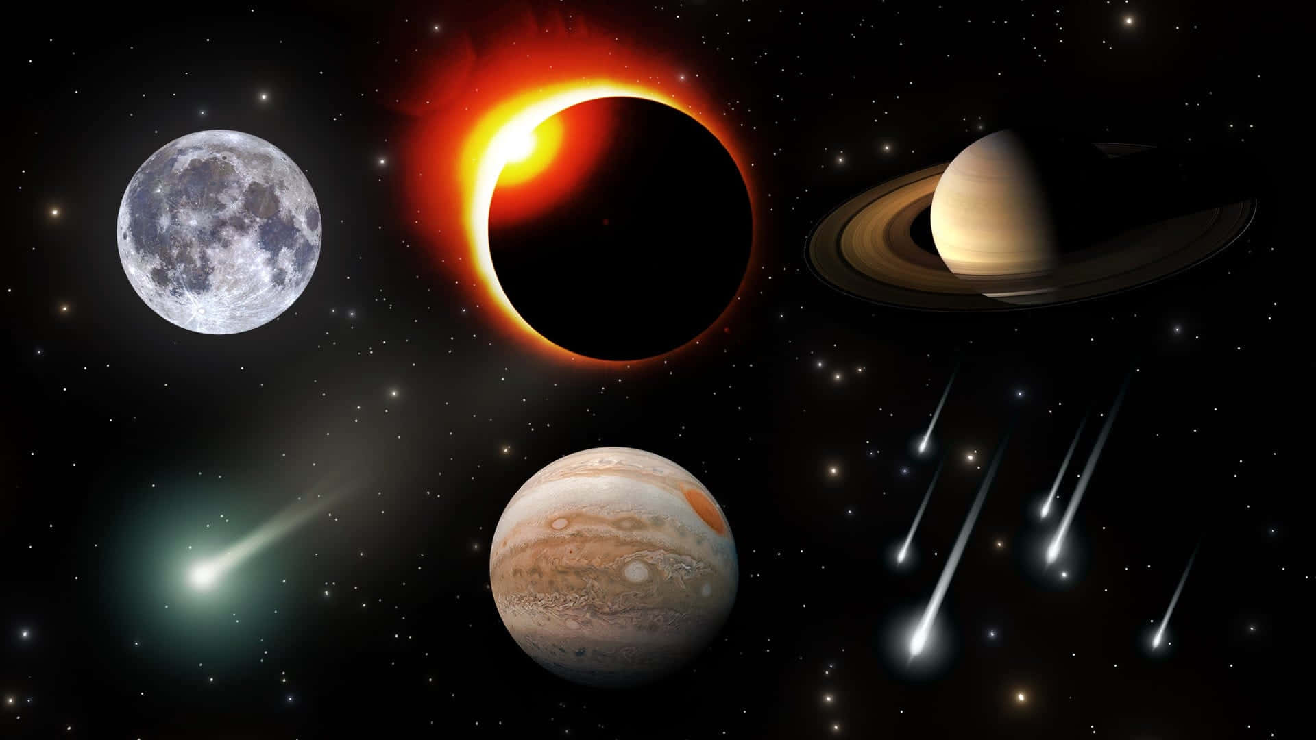 天文罕見現象圖像 壁紙 — 一個宇宙場景，包含木星、土星、月球和日食，周圍有流星和星星。