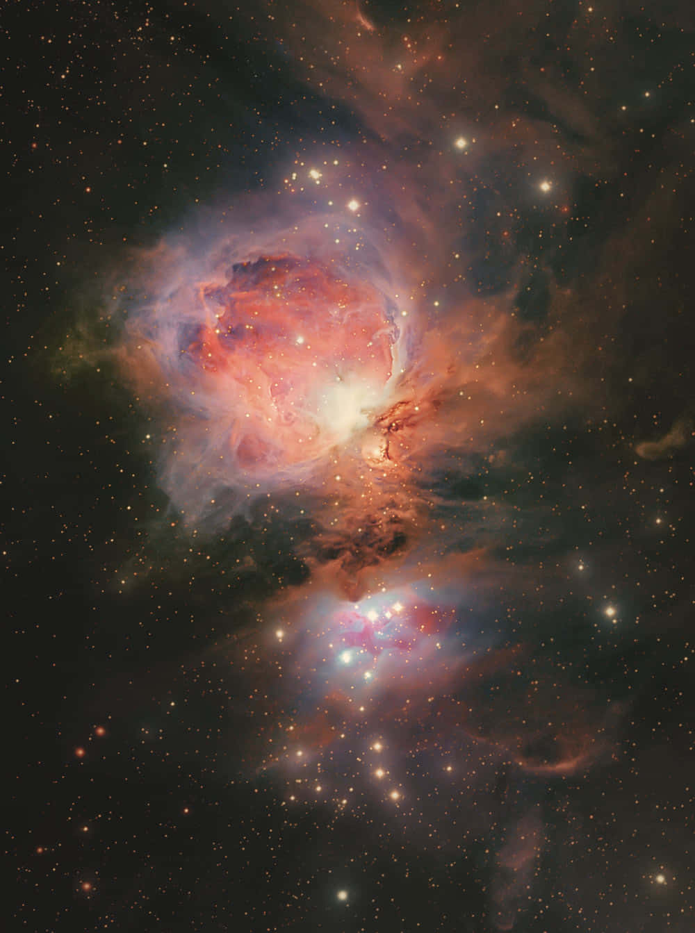 在深空中閃耀著星星的鮮豔紅藍色星雲。