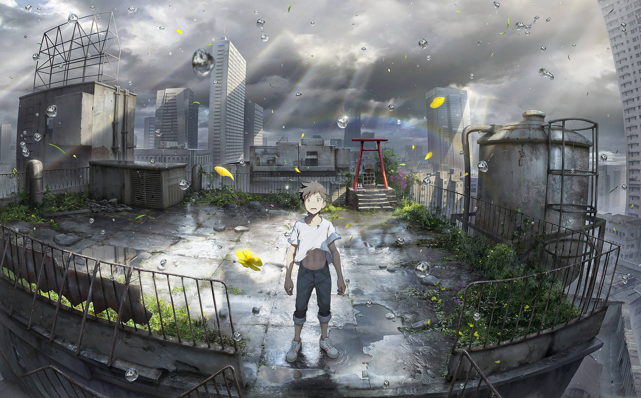 《天气之子》守矢在屋頂 壁紙 — 一個孤獨的動畫男孩站在被雨水打濕的城市屋頂上，周圍漂浮著氣泡和飄落的黃色花瓣，天空風雨交加。