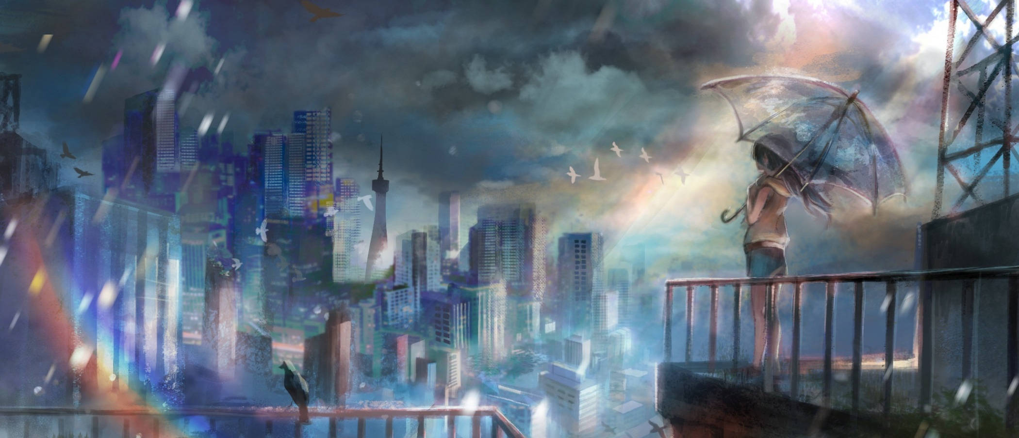 《天气之子》小椿撐傘 壁紙 — 一個孤獨的身影撐著雨傘站在屋頂上，俯瞰著雨中的霓虹城市景觀，天空烏雲密佈，鳥兒飛翔。